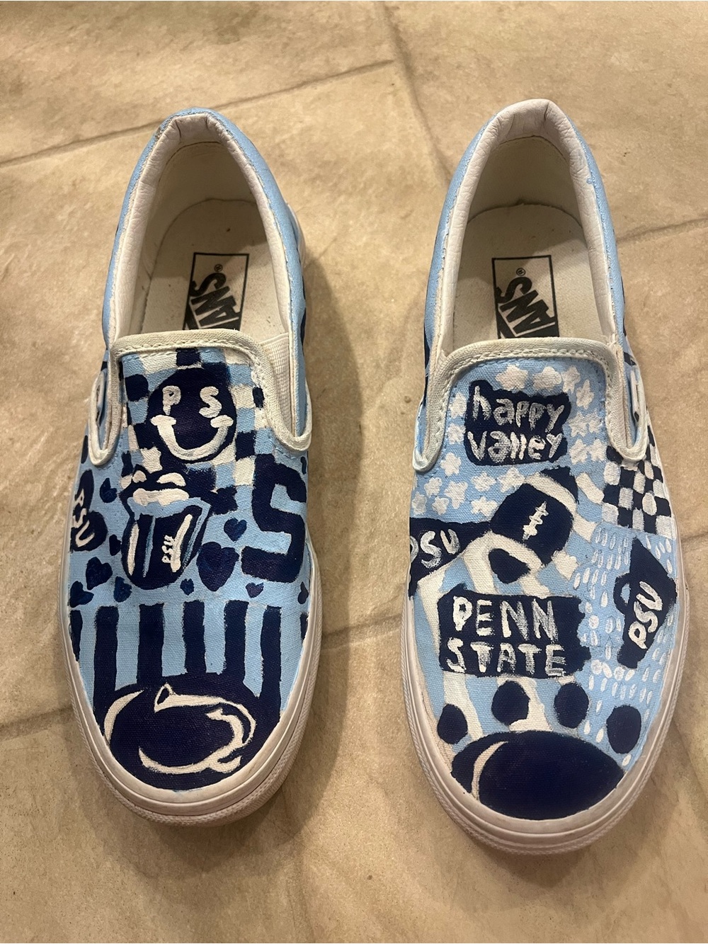 Penn State Vans custom painted slip on canvas shoes women’s 8.5. Blue and white
